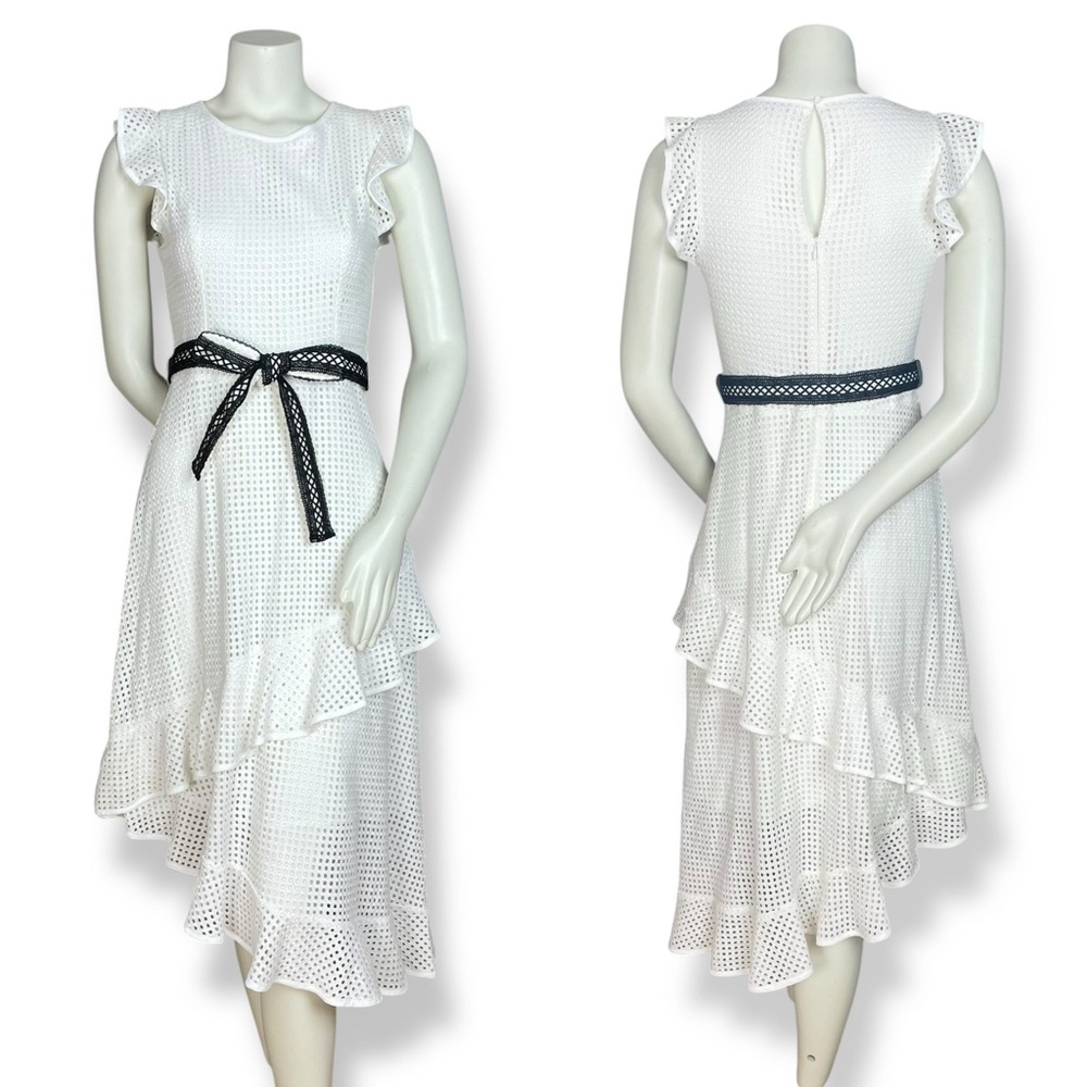 Lenon Dress Ruffle Asymmetrical‎ Women White Summer Black Trim Lace Eyelet Small